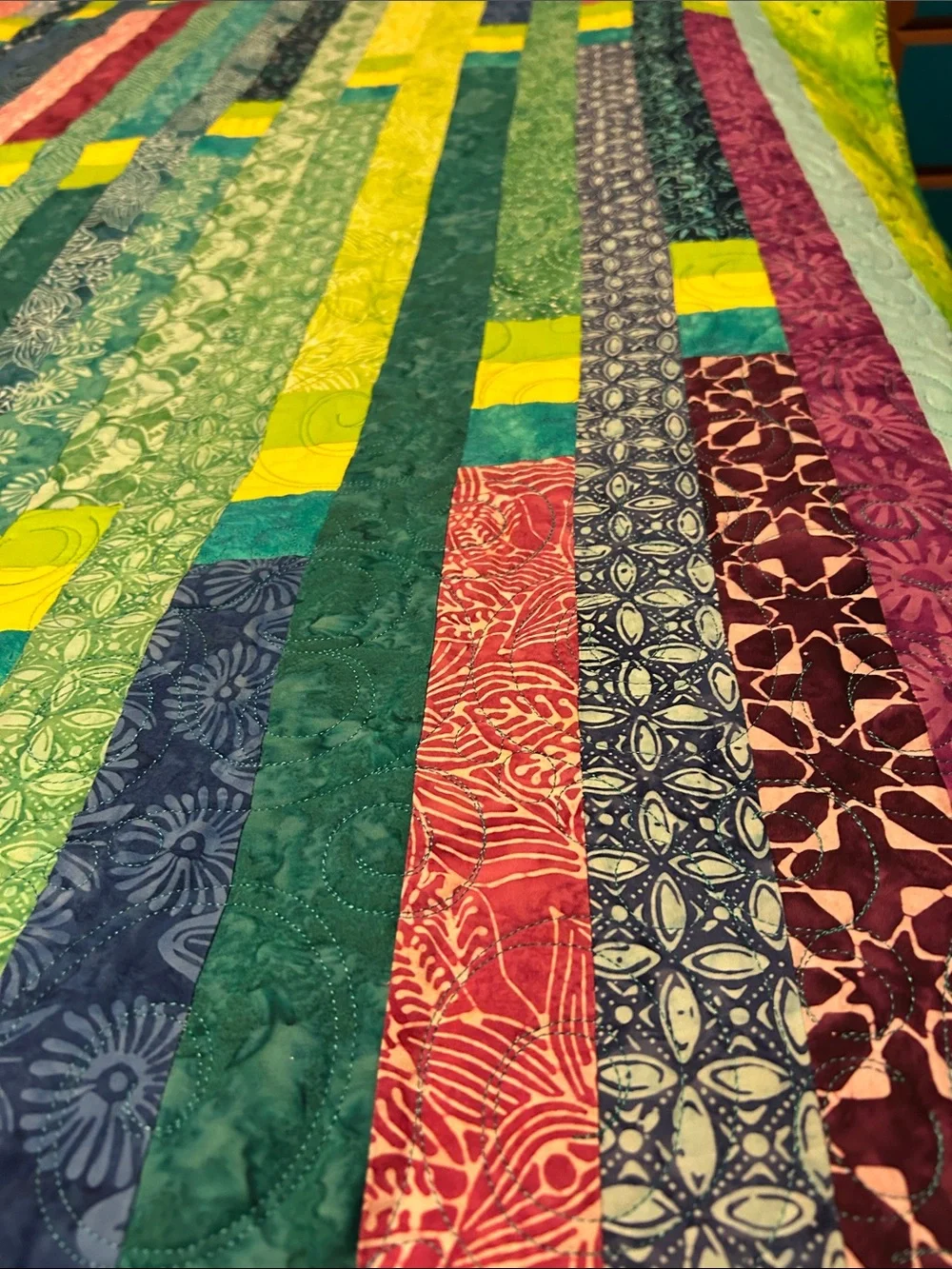 ONE OF A KIND- HANDCRAFTED Multicolor Strip Quilt - Vibrant Green, Blue & Pink